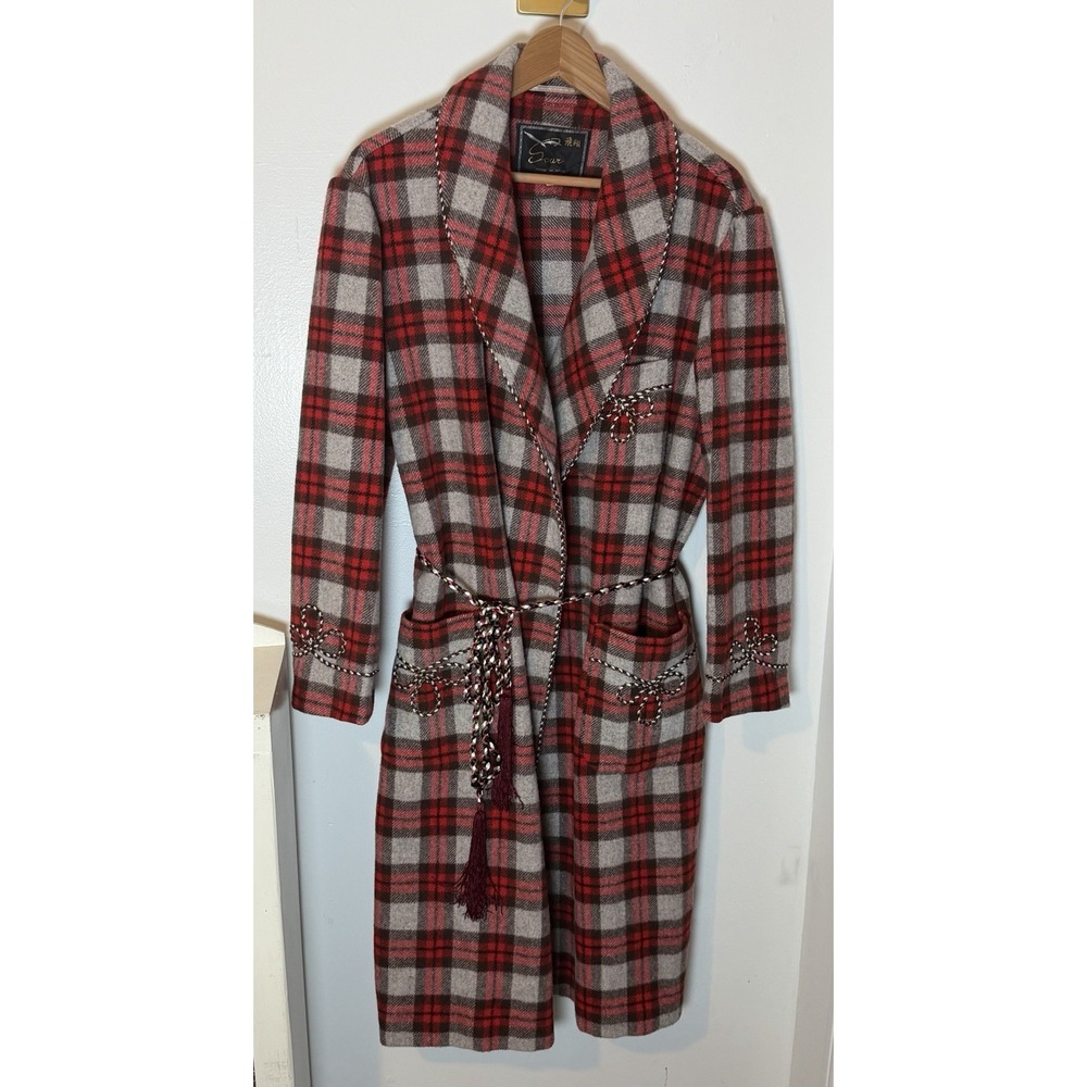 Vintage 50s Soar Red Tartan Plaid Wool Robe Braided Piping Tassel Rope Belt Sz M